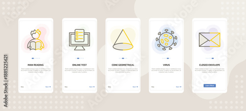 onboarding screen template for education mobile app ui with man reading, online test, cone geometrical, virus, closed envelope icons.