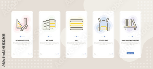 onboarding screen template for education mobile app ui with measuring tools, archives, bars, school bag, bookshelf with books icons.