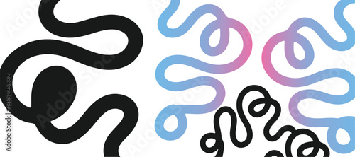 Vibrant abstract gradient squiggly line background with flowing pink to blue colors forming dynamic wavy curves, modern minimalist design element for posters, tech art and digital layouts.eps