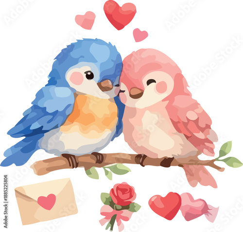 Watercolor illustration of two adorable lovebirds perched closely together on a delicate tree branch artfully