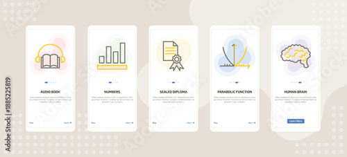 onboarding screen template for education mobile app ui with audio book, numbers, sealed diploma, parabolic function, human brain icons.