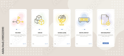 onboarding screen template for education mobile app ui with halfway, creche, school globe, digital display 60, new document icons.