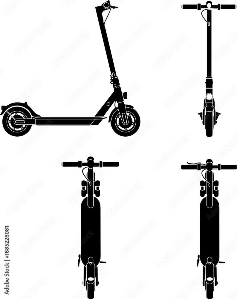 Naklejka premium Modern Electric Scooter Silhouette Vector Set: Side, Front, and Top View Icon Collection for Urban Mobility, Micromobility, and Eco-Friendly Transport Design Assets
