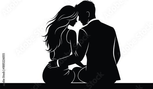 Romantic couple silhouette sitting close together in love, intimate pose on flat surface, emotional connection, black and white vector art