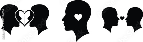 Silhouette heads with heart symbols representing emotional connection, internal love, shared affection, romantic bond, and psychological relationship concept art