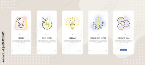 onboarding screen template for ecology mobile app ui with biodiesel, green energy, eco bulb, green energy source, eco power cells icons.