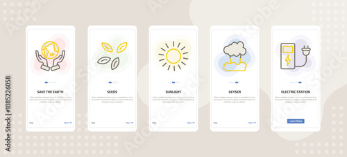 onboarding screen template for ecology mobile app ui with save the earth, seeds, sunlight, geyser, electric station icons.