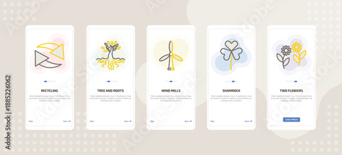 onboarding screen template for ecology mobile app ui with recycling, tree and roots, wind mills, shamrock, two flowers icons.
