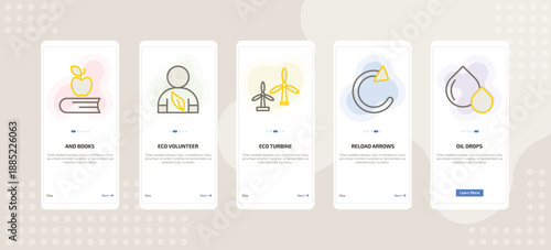 onboarding screen template for ecology mobile app ui with and books, eco volunteer, eco turbine, reload arrows, oil drops icons.