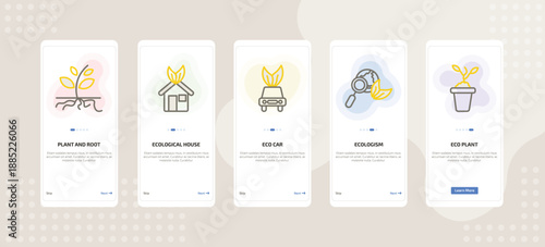 onboarding screen template for ecology mobile app ui with plant and root, ecological house, eco car, ecologism, eco plant icons.