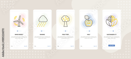 onboarding screen template for ecology mobile app ui with wind energy, raining, fruit tree, half, sustainability icons.