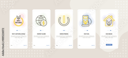 onboarding screen template for ecology mobile app ui with 100 % natural badge, energy globe, green power, eco fuel, eco house icons.