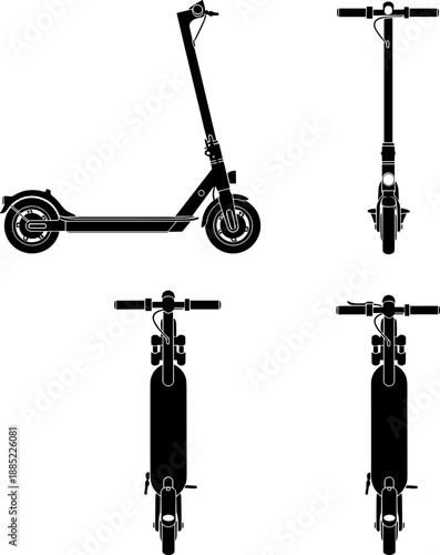 Modern Electric Scooter Silhouette Vector Set: Side, Front, and Top View Icon Collection for Urban Mobility, Micromobility, and Eco-Friendly Transport Design Assets
