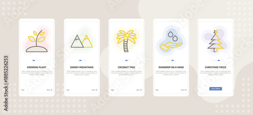 onboarding screen template for ecology mobile app ui with growing plant, snowy mountains, coconut tree, raindrop on a hand, christmas trees icons.