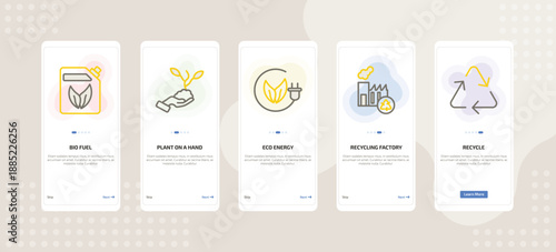 onboarding screen template for ecology mobile app ui with bio fuel, plant on a hand, eco energy, recycling factory, recycle icons.