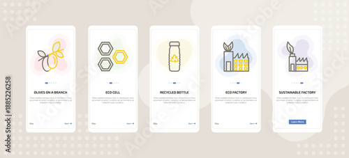 onboarding screen template for ecology mobile app ui with olives on a branch, eco cell, recycled bottle, eco factory, sustainable factory icons.