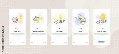 onboarding screen template for ecology mobile app ui with solar plug, wind bending tree, save energy, eco e, globe on hand icons.