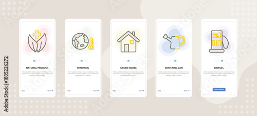 onboarding screen template for ecology mobile app ui with natural product, warming, green house, watering can, biofuel icons.