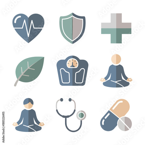 Holistic Wellness and Healthcare Flat Icon Set with Meditation and Medical Symbols