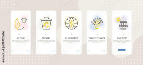 onboarding screen template for ecology mobile app ui with eco power, recycle bin, eco energy power, tree with many leaves, solar energy icons.