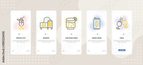 onboarding screen template for beverages mobile app ui with tropical itch, brewery, lime rickey drink, energy drink, toast icons.