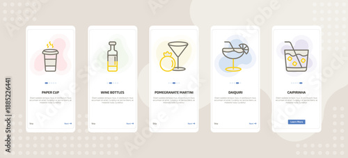 onboarding screen template for beverages mobile app ui with paper cup, wine bottles, pomegranate martini, daiquiri, caipirinha icons.