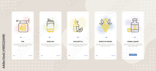 onboarding screen template for beverages mobile app ui with pub, soda can, juice bottle, bunch of grapes, herbal liquor icons.