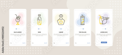 onboarding screen template for beverages mobile app ui with blue lagoon, wine, liquor, tom collins, lemon juice icons.