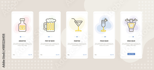 onboarding screen template for beverages mobile app ui with absinthe, pint of beer, martini, pisco sour, irish sour icons.