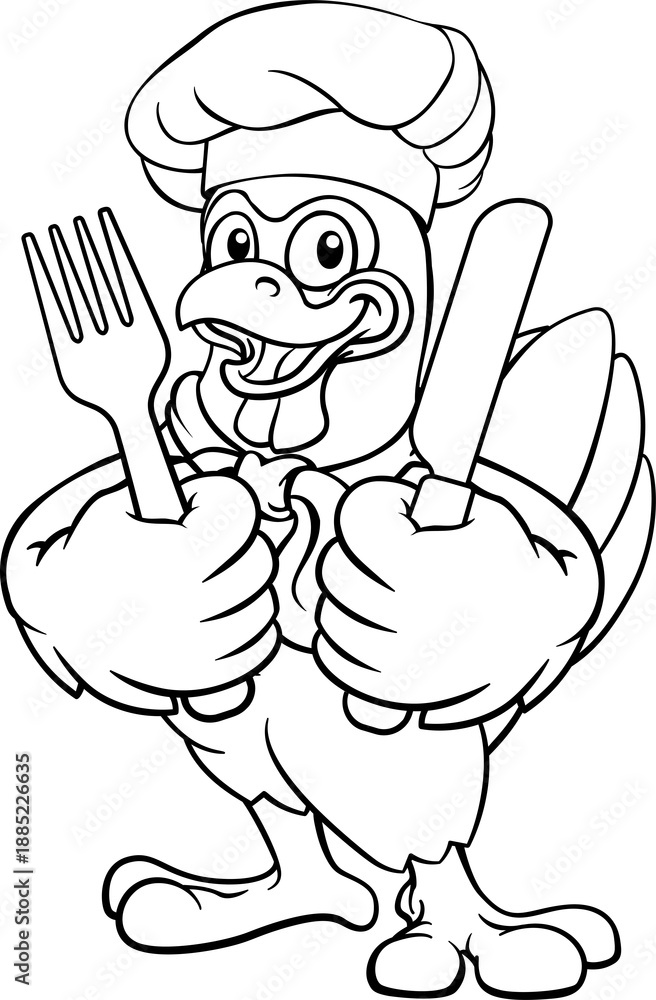 Fototapeta premium A chicken chef hat cartoon rooster cockerel bird mascot holding a knife and fork