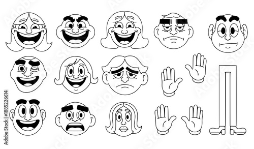 Retro 70s groovy comic character face and body parts vector illustration set