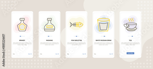 onboarding screen template for beverages mobile app ui with brandy, mashing, fish skeleton, white russian drink, tea icons.