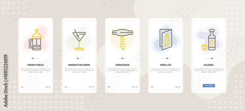onboarding screen template for beverages mobile app ui with french press, manhattan drink, sorkscrew, wine list, alcohol icons.