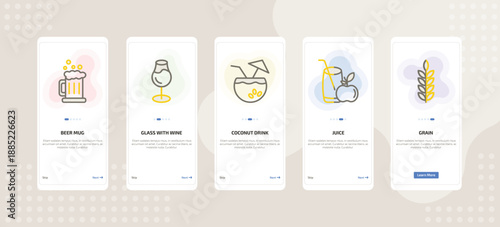 onboarding screen template for beverages mobile app ui with beer mug, glass with wine, coconut drink, juice, grain icons.