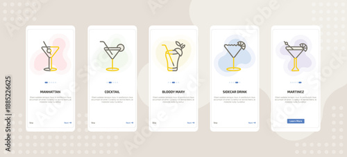 onboarding screen template for beverages mobile app ui with manhattan, cocktail, bloody mary, sidecar drink, martinez icons.