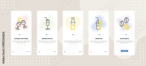 onboarding screen template for beverages mobile app ui with glasses with wine, ramos gin fizz, , smoothie, coffee bean