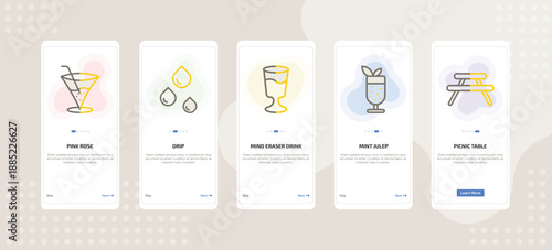 onboarding screen template for beverages mobile app ui with pink rose, drip, mind eraser drink, mint julep, picnic table icons.