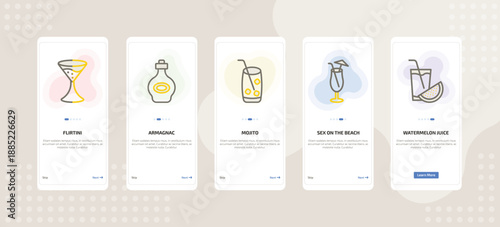 onboarding screen template for beverages mobile app ui with flirtini, armagnac, mojito, sex on the beach, watermelon juice icons.