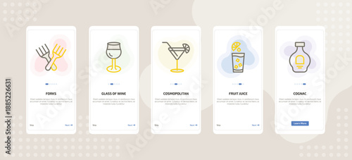 onboarding screen template for beverages mobile app ui with forks, glass of wine, cosmopolitan, fruit juice, cognac icons.