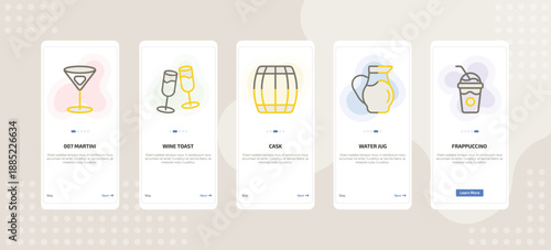 onboarding screen template for beverages mobile app ui with 007 martini, wine toast, cask, water jug, frappuccino icons.