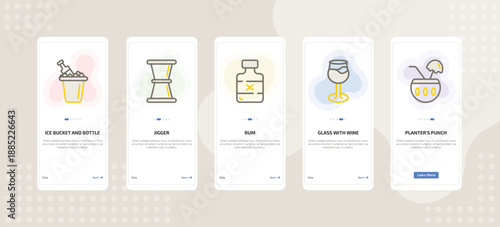 onboarding screen template for beverages mobile app ui with ice bucket and bottle, jigger, rum, glass with wine, planter's punch icons.