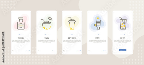 onboarding screen template for beverages mobile app ui with whiskey, malibu, soft drink, latte, ice tea icons.