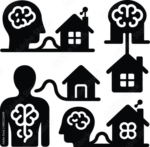Mental health and psychology silhouette icons featuring human brain connections, house symbols for domestic stability, and cognitive thinking.