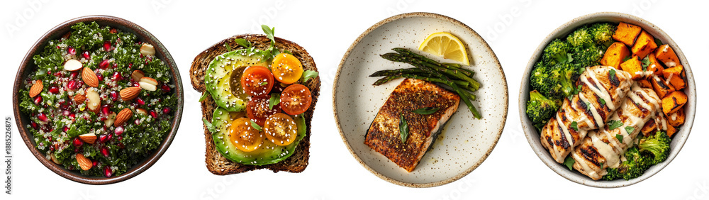 Collection of healthy meal objects on transparent PNG background.