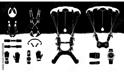 Extreme sport skydiving silhouette vector set with expressive aerial poses