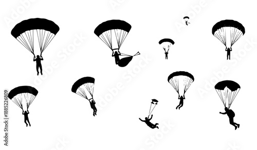 Skydiver parachute silhouette vector set showing jump and landing poses