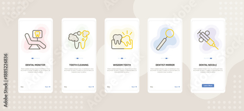 onboarding screen template for dental care mobile app ui with dental monitor, tooth cleaning, wisdom tooth, dentist mirror, dental needle icons.