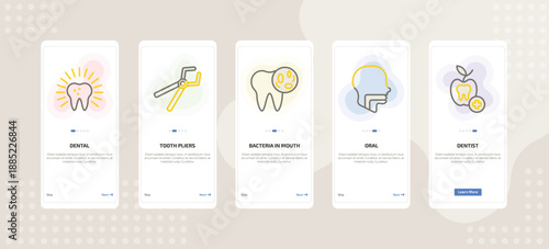 onboarding screen template for dental care mobile app ui with dental, tooth pliers, bacteria in mouth, oral, dentist icons.
