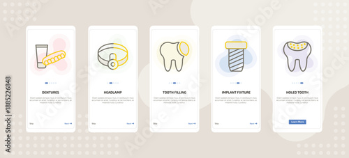onboarding screen template for dental care mobile app ui with dentures, headlamp, tooth filling, implant fixture, holed tooth icons.