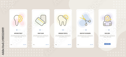 onboarding screen template for dental care mobile app ui with apicoectomy, mint gum, broken tooth, dentist scissors, sick girl icons.